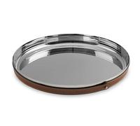 Nambe Tahoe - Vassoio da bar in acciaio inox, con bordi rialzati e dettagli in pelle, vassoio decorativo rotondo in metallo, 33 cm, con accento in pelle rimovibile