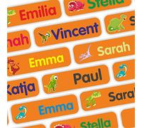 Namensaufkleber Kinder Schule - Dinosaurier - orange - 120 Sticker - 35x10mm - Etiketten selbstklebend für Gegenstände - wasserfeste Klebeetiketten - Kindergarten - für Stifte, Federmappen, Brotdose