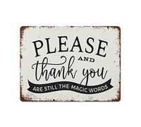 NAMEY Divertente targa vintage in metallo con scritta "Please and Thank You are Still The Magic Words", decorazione da parete per casa colonica, 30,5 x 40,6 cm, adatta per casa, cucina, bar