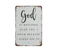 NAMEY Targa in metallo retrò con scritta in lingua inglese "God is watching over you, I Know Because I Asked Him to to to Retro Metal Sign Vintage Decor Tin Sign Funny Decoration for Bar Pub Cafe Farm