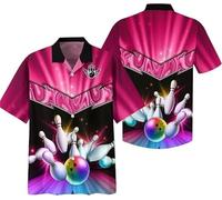 Namufeitrade 3D Fulmine Bowling Birilli Stampa Camicia con Bottoni per Uomo Donna Retro Bowling Manica Corta Camicia Hawaiana Club Top