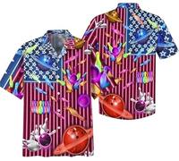Namufeitrade 3D Fulmine Bowling Birilli Stampa Camicia con Bottoni per Uomo Donna Retro Bowling Manica Corta Camicia Hawaiana Club Top