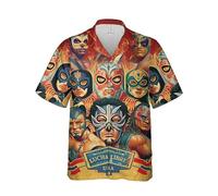 Namufeitrade Camicia Hawaiana Stampata in 3D Retro Mexico Wrestling Lucha Libre Camicia a Maniche Corte con Risvolto Abbigliamento Streetwear Estivo Camicie Larghe da Uomo