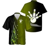 Namufeitrade Cool 3D Fiamma Bowling Birilli Stampa Camicia Uomo Bottoni Manica Corta Top Camicia da Bowling Bowler Club Squadra Uniforme