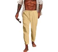NANAMEEI Pantaloni in lino, da uomo, per il tempo libero, lunghi, estivi, da uomo, leggeri, elasticizzati, da spiaggia, da uomo, in cotone, lino, da yoga, kaki, L