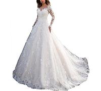 Nanger, vestito da sposa da donna, linea A principessa, pizzo, con maniche lunghe, abito da sposa 2018 bianco 40