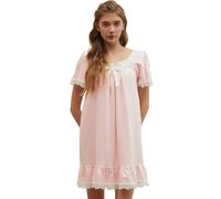 Nanxson Camicia da Notte Donna Cotone Manica Corta/Lungo Confortevole Pigiama da Notte Vittoriano Pizzo Scollo a U Vestaglia Sciolto Pigiama Vestito con Orlo in Pizzo (XL,Short Rosa)