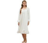 Nanxson Camicia da Notte Donna Cotone Manica Corta/Lungo Confortevole Pigiama da Notte Vittoriano Pizzo Scollo a U Vestaglia Sciolto Pigiama Vestito con Orlo in Pizzo (S,Long Bianco)
