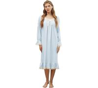 Nanxson Camicia da Notte Donna Cotone Manica Corta/Lungo Confortevole Pigiama da Notte Vittoriano Pizzo Scollo a U Vestaglia Sciolto Pigiama Vestito con Orlo in Pizzo (XXL,Long Blu)