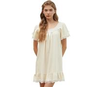 Nanxson Camicia da Notte Donna Cotone Manica Corta/Lungo Confortevole Pigiama da Notte Vittoriano Pizzo Scollo a U Vestaglia Sciolto Pigiama Vestito con Orlo in Pizzo (XL,Short Giallo)