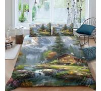 NAOFEKUID Copripiumino Microfibra con Stampa 3D Baita nella Foresta per Adulti Decorazione Camera Set Biancheria Letto Paesaggio Naturale Morbido Traspirante Idea Regalo Single（135x200cm）