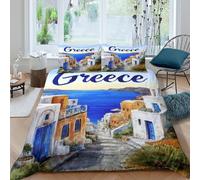 NAOFEKUID Set Copripiumino Mediterraneo 3D Stampato Microfibra Morbida Decorazione Camera da Letto Biancheria da Letto Architettura Greca Traspirante per Adulti Giovani Single（135x200cm）