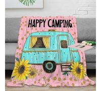 NAOFEKUID Stile moderno Coperta 3D Stampata Microfibra Happy Camping per Adulti Divano Casa Camper Girasole Throw Blanket Decorativa 40x50(100x130cm)
