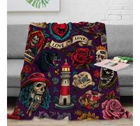 NAOFEKUID Stile Tattoo Retrò Coperta 3D Stampata Microfibra Decorazione Casa Plaid Phare Teschio Morbido Caldo per Divano Letto Adulti 40x50(100x130cm)