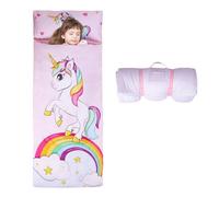 Nap Mat Caldo per Bambini con Rimovibile Cuscino, Grande Sacco a Pelo Pieghevole per Ragazze Ragazzi, Nap Mats con Doppia Cerniera per Campeggio, Scuola Materna e Asilo, 150×60cm Unicorno Rosa