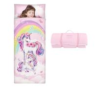 Nap Mat Caldo per Bambini con Rimovibile Cuscino, Grande Sacco a Pelo Pieghevole per Ragazze Ragazzi, Nap Mats con Doppia Cerniera per Campeggio, Scuola Materna e Asilo, 150×60cm Unicorno Arcobaleno