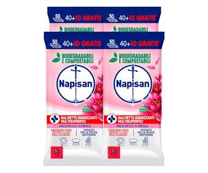 Napisan Salviette Igienizzanti Multisuperfici Fragranza Freschezza Floreale Rimuovono Germi e Batteri Biodegradabili Compostabili Versatili per Pulizia Quotidiana - 4 Confezioni da 50 Salviette