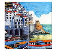 Napolamp Quadro Mosaico di 4 mattonella in Ceramica di cm. 15x15 con Stampa Costiera 2 della località Costa d'Amalfi nel Tipico Decoro vietrese. Misura Mosaico cm. 30x30