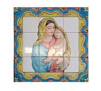 Napolamp Quadro Mosaico di 9 mattonella in Ceramica di cm. 10,8x10,8 con Stampa Madonna con Bambino con Cornice Vietrese. Misura Mosaico cm. 32,4x32,4