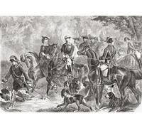Napoleone III e sua moglie membri di un gruppo di caccia nella foresta di Compi gne Francia 1859. Napoleone III 1808 1873. Primo presidente di Francia come Luigi-Napol su Bonaparte 1848 - 1852 e