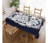 Nappe Mandala Blanc Complexe Sur Fond Bleu Nappe De Table Anti Tache Couverture De Table Facile D'Entretien Nappes Pour Jardin Fête Salle À Manger 137X183Cm