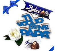 NARAMAKI® Baci Perugina Idee Regalo Compleanno Papà - 37,5g Baci Perugina + Scritta in Legno "Ti voglio bene Papà" 18cm + Rosa Bianca - Regalo Uomo|Papà|