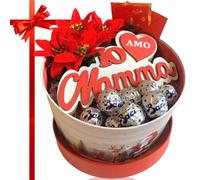 NARAMAKI Baci Perugina Idee Regalo Festa Della Donna - San Valentino 2024 Per la Mamma Cofanetto Tondo + 9 Cioccolatini Perugina + Piantina Stella di Natale + Scritta Legno + Biglietto di Auguri