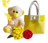 NARAMAKI® Idea Regalo Festa della Mamma 2025 - Borsetta Gialla + Bouquet Mimosa + Orsacchiotto + Rosa Rossa -Regalo Donna-Amica (Orsacchiotto)