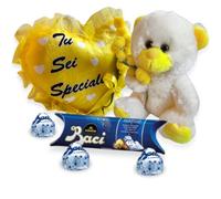 NARAMAKI® Idea Regalo Maestra - Peluche Orsacchiotto Con Mimosa Finta + Baci Perugina 37,5 + Cuscino Personalizzato a Cuore "Sei Speciale"- Regalo Mamma|Uomo|Donna