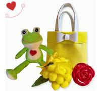 NARAMAKI® Idea Regalo Maestre - Borsetta Gialla + Bouquet Mimosa + Orsacchiotto + Rosa Rossa+ Mimose Artificiali Pasqua 2025 - (Rana)