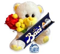 NARAMAKI® Idea Regalo Uomo Donna - Orsacchiotto Giallo + Rametto Mimosa + Rosa Artificiale + Baci Perugina 37,5gr | Regalo Compleanno