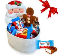 NARAMAKI Idee Regalo di Natale 2024 con Kinder - Scatola Latta Babbo Natale 13cm + 120gr di Kinder Cioccolato Mini + Pan di Zenzero Appendibile in Feltro (MINI BARETTINE)