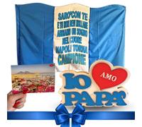 NARAMAKI - Idee Regalo Tifoso del Napoli: Decorazione Legno Papà 18cm + Bandiera 90x150cm (Sarò con Te) + Cartolina in Omaggio