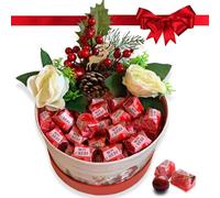 NARAMAKI Mon Cherì Idee Regalo di Natale 2024 Cofanetto Tondo 20cm + 30 Cioccolatini Mon Cherì + Piantina di Bacche + 2 Rose Bianche Artficiali (TONDO + PIANTINA)