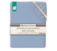 NARCISO Lenzuolo con Angoli Una Piazza e Mezza 100% Cotone (130x200 con Angolo di 30cm) Lenzuola 1 Piazza e Mezza Traspirante ed Anallergica, Biancheria da Letto Made in Italy (1.5P, Azzurro)