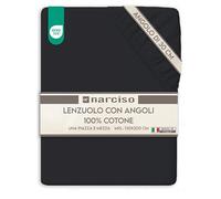 NARCISO Lenzuolo con Angoli Una Piazza e Mezza 100% Cotone (130x200 con Angolo di 30cm) Lenzuola 1 Piazza e Mezza Traspirante ed Anallergica, Biancheria da Letto Made in Italy (1.5P, Nero)