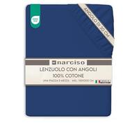 NARCISO Lenzuolo con Angoli Una Piazza e Mezza 100% Cotone (130x200 con Angolo di 30cm) Lenzuola 1 Piazza e Mezza Traspirante ed Anallergica, Biancheria da Letto Made in Italy (1.5P, Blu)