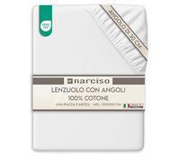 NARCISO Lenzuolo con Angoli Una Piazza e Mezza 100% Cotone (130x200 con Angolo di 30cm) Lenzuola 1 Piazza e Mezza Traspirante ed Anallergica, Biancheria da Letto Made in Italy (1.5P, Bianco)