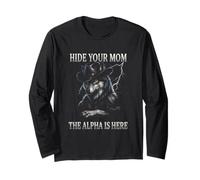 Nascondi la Tua Mamma The Alpha is Here Wolf Maschio Werwolf Meme Maglia a Manica