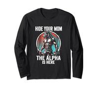 Nascondi la Tua Mamma The Alpha is Here Wolf Maschio Werwolf Meme Maglia a Manica