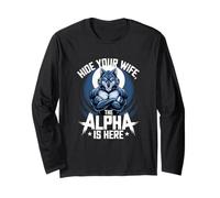 Nascondi tua moglie The Alpha Is Here Wolf Meme Men Maglia a Manica