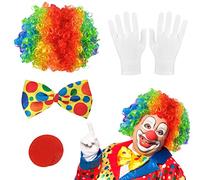 Naso da Clown,Parrucca Clown Riccia,Papillon Colorata,Guanti Bianchi,Set di 4 Accessori Clown,Costumi di Carnevale Adatto per Pasqua,Evento Artistico,Cosplay Costume di Carnevale
