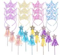NASSMOSSE 24 Pezzi Decorazioni per Feste di Compleanno Fate, 12 Lucida Bacchetta Fata con Nastro, 12 Elastica Corona di Principessa Scintillante, Tiara Perfetta per Bambine