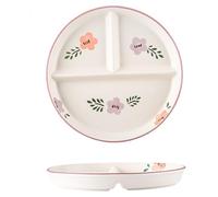 NASSMOSSE Divided Plates 8x1 Floral Pattern Round Ceramic 3 Compartment Plates for Kids & Adults for Portion Control at Home, School, Kindergarten