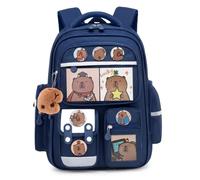 NASSMOSSE Zaino per bambini, Zaino scolastico capibara impermeabile per ragazze e ragazzi, Borsa carina di capacità con carte, stemmi e ciondolo in peluche, Blu reale