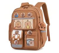 NASSMOSSE Zaino per bambini, Zaino scolastico capibara impermeabile per ragazze e ragazzi, Borsa carina di capacità con carte, stemmi e ciondolo in peluche, Marrone