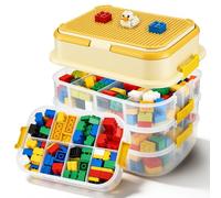 Nastopee Scatola Porta Mattoncini 4 Cassetti con Coperchio, 33x25x26 cm, Contenitore Trasparente per Organizzare Mattoncini e Puzzle, con Maniglia e Vassoio Estraibile (5L, Giallo)