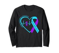 Nastro a Forma di Cuore Verde Acqua e Viola per sensibilizzazione alla prevenzione del suicidio Maglia a Manica