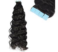 Nastro adesivo nelle estensioni dei capelli ricci, 50G 20 pezzi italiano onda lunga invisibile PU capelli umani colore naturale per donne nere(Black,26inch/65cm)