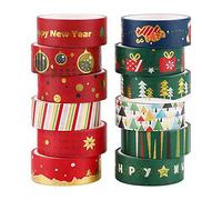 Nastro Adesivo Washi Natalizio,12 Rotoli Nastro Adesivo Washi in Lamina D'oro Nastro Adesivo Decorativo Autoadesivo Nastro Washi Natalizio per Decorazioni Natalizie Confezioni Regalo,15 mm x 3 m